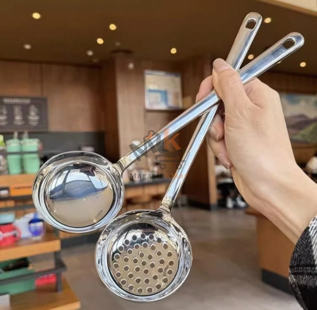 Louche /passoire en inox avec manche plastique – 34 cm – Ustensile pratique