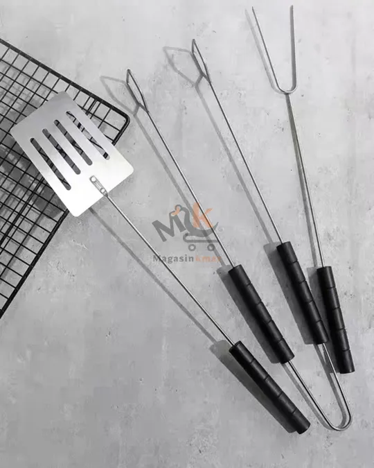 Kit accessoires barbecue 3 pièces en métal – Spatule, pince et fourchette 40 cm