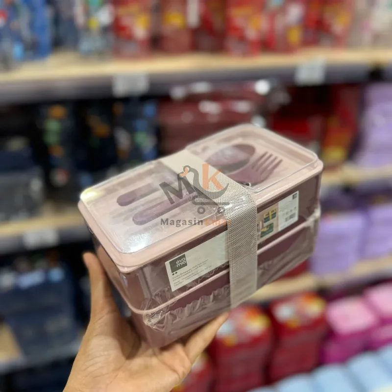 Lunch box rectangulaire a deux étage en plastique alimentaire avec ceinture et couverts