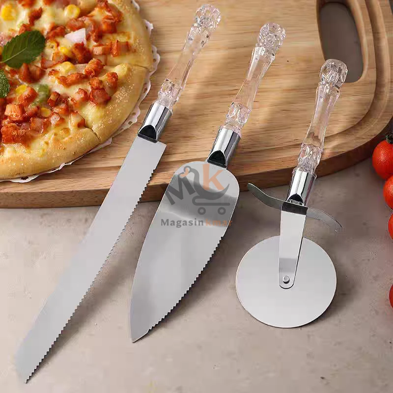 Set couteau, pelle à gâteau et coupe pizza en acier – Accessoires cuisine pratiques