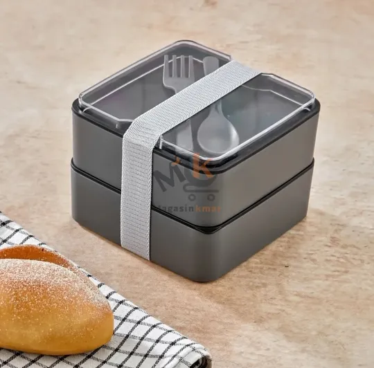 Lunch box carrée a deux étage en plastique alimentaire avec ceinture et couverts