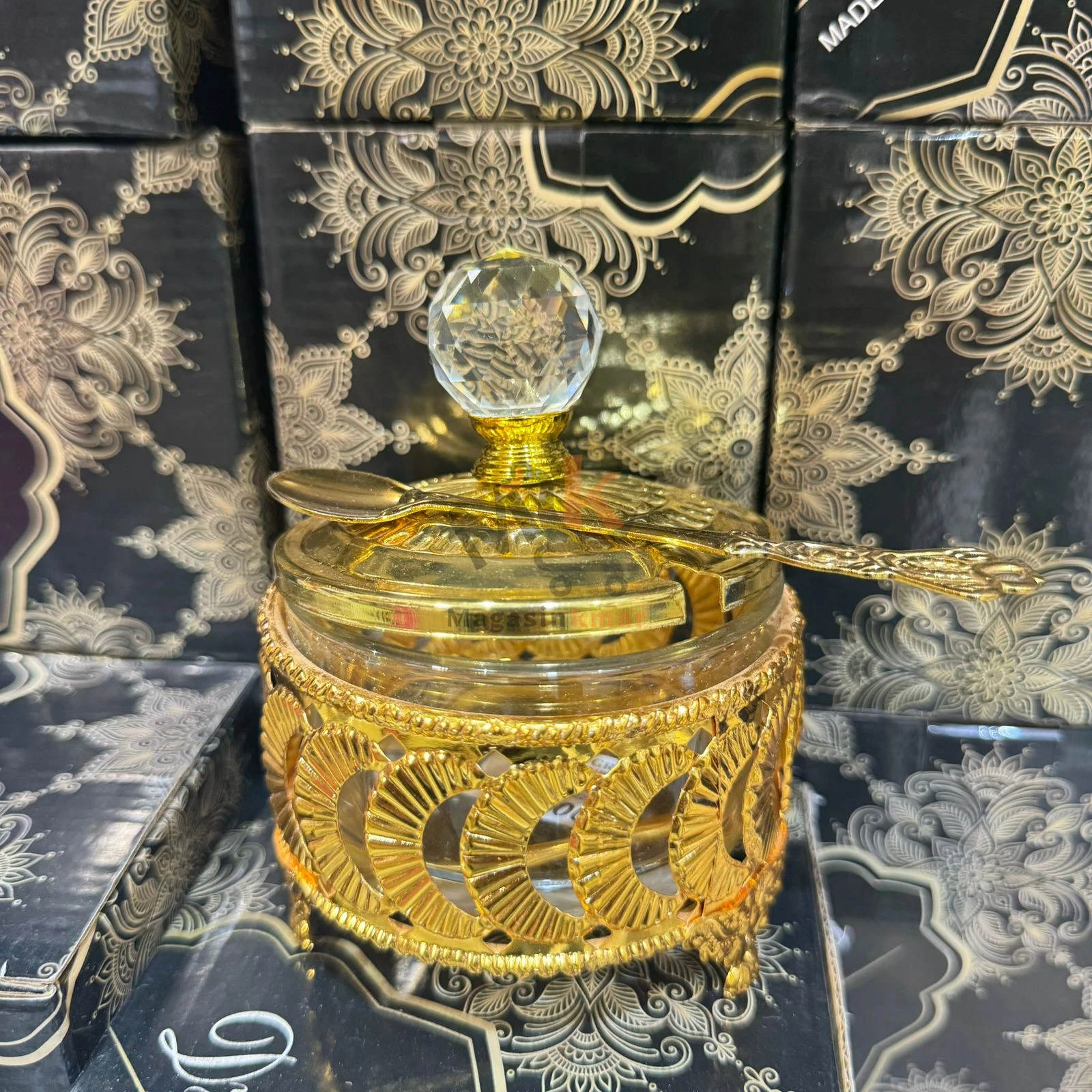 Sucrière en verre avec support et cuillère en métal