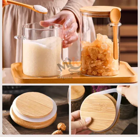 Bocal en verre avec couvercle et cuillère en bois rond_15*9cm