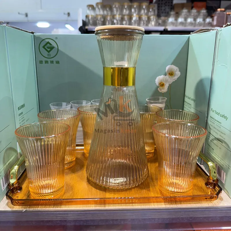 Service de 7 pièces en verre doré – Carafe 1L + 6 tasses 200 ml