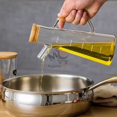 Bouteille d’huile en verre 900 ml avec couvercle en bois