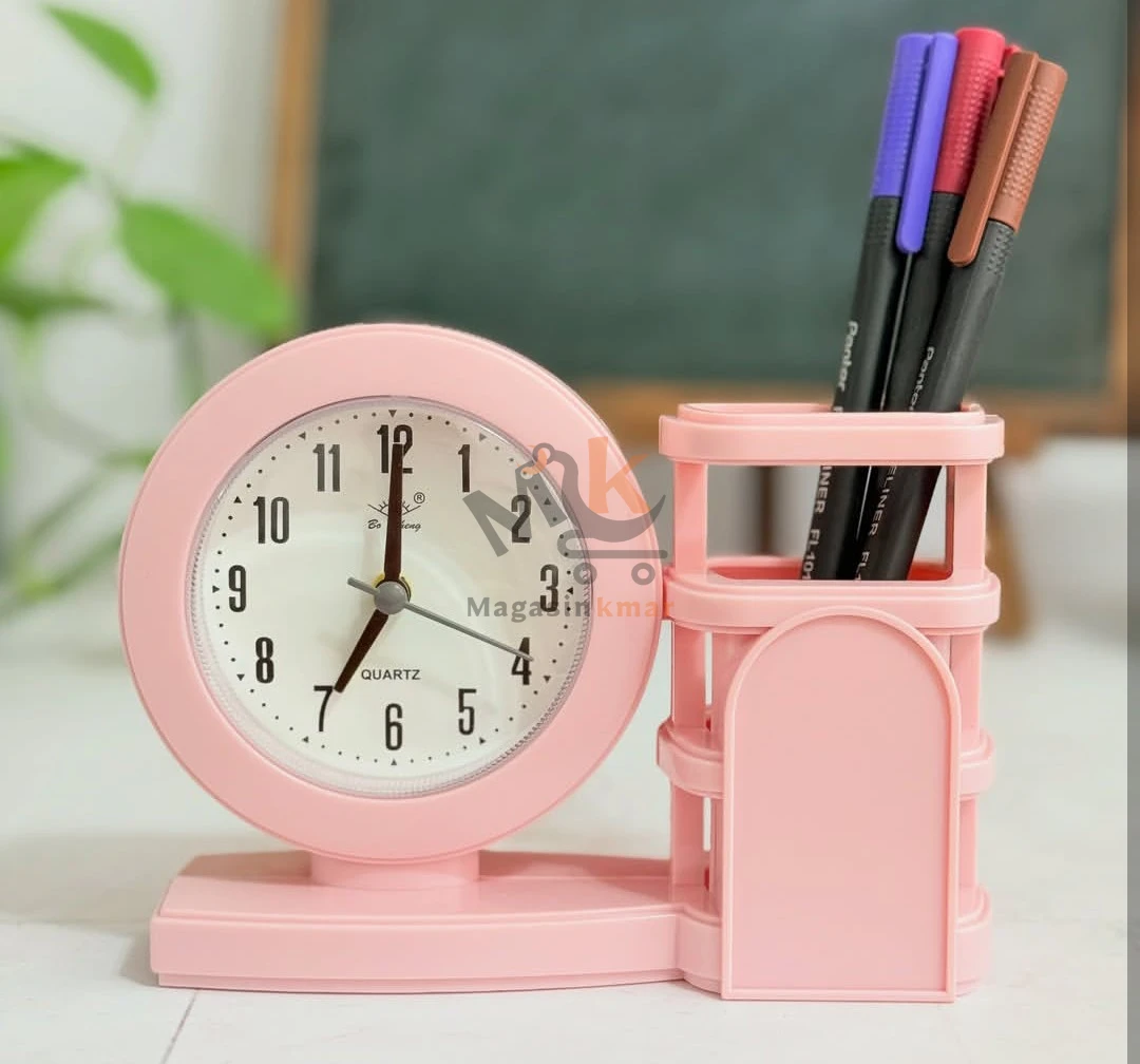 Horloge avec porte-stylo en plastique – Accessoire bureau pratique
