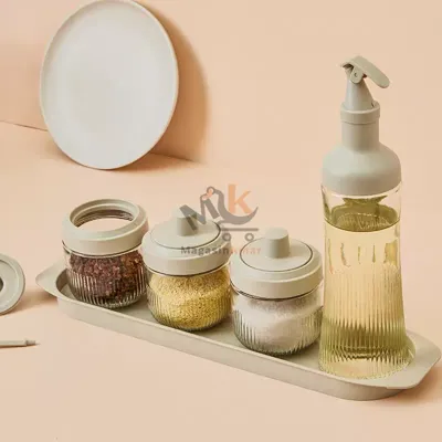 Set cuisine en verre – 3 boîtes à épices + bouteille à huile 500 ml