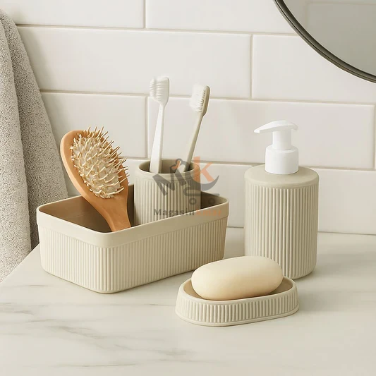 Pack salle de bain 5 pièces en plastique – Organisateur, distributeur, porte-savon et gobelet