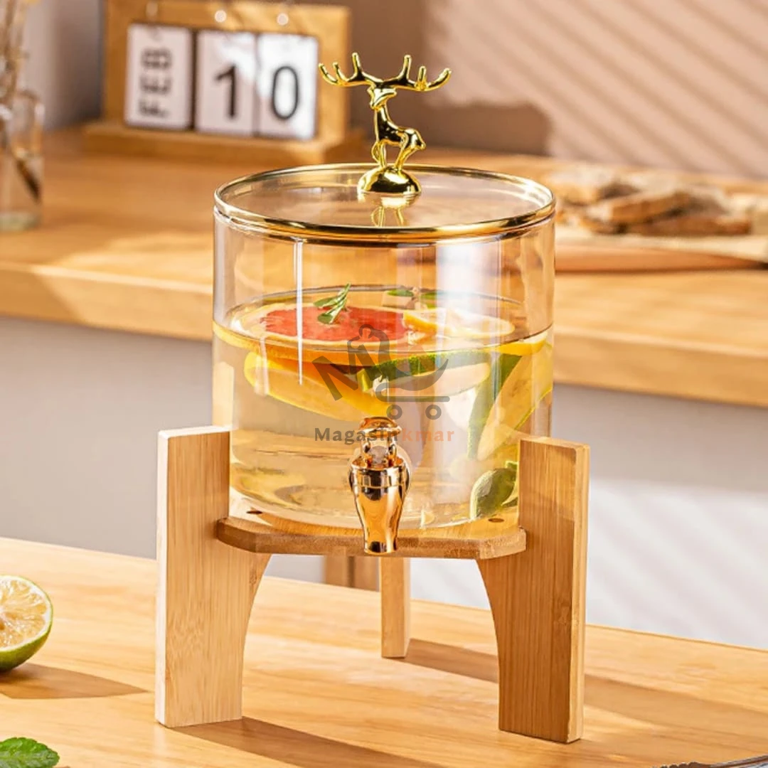 Distributeur de boissons en verre avec robinet et support en bois