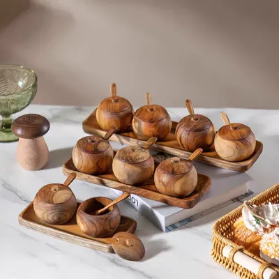 Set de 3 boîtes en bois avec support et cuillères – Rangement épices élégant